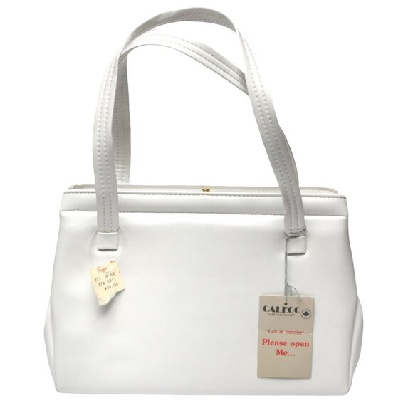 Vintage CALEGO Vegan Faux Leather Handbag 1970s Purse White Gold Simpsons Store - Picture 8 of 11